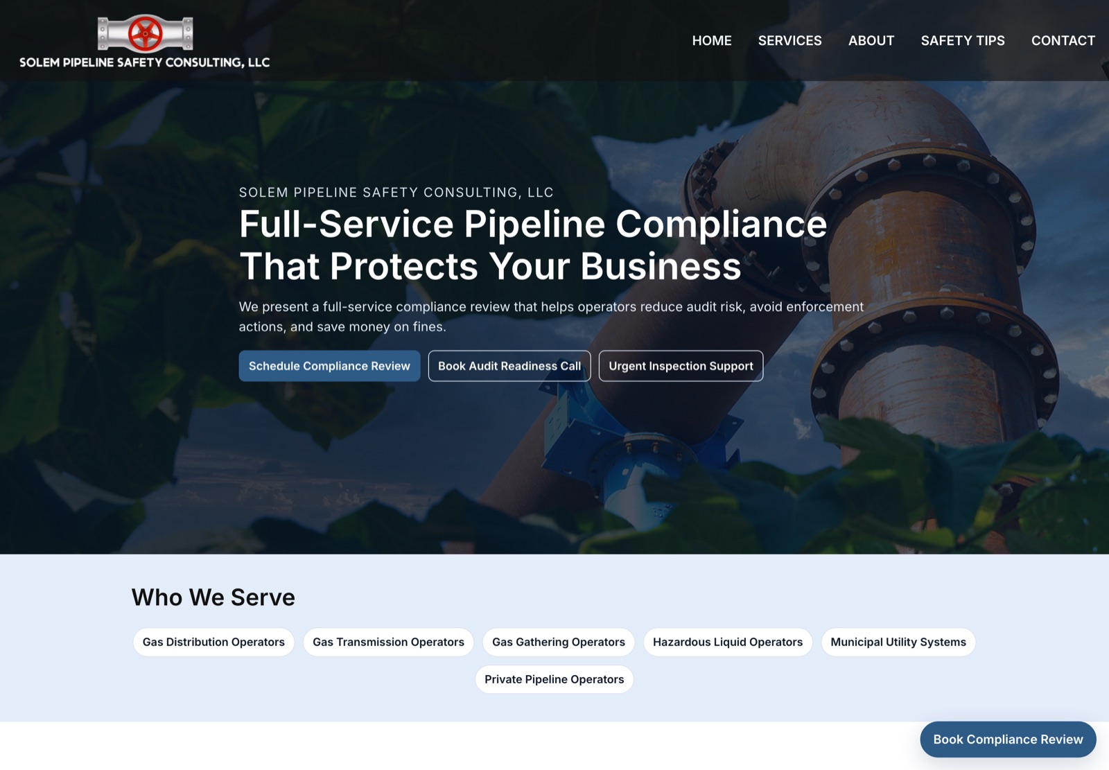 Solem Pipeline Safety Consulting website: pipeline compliance services hero