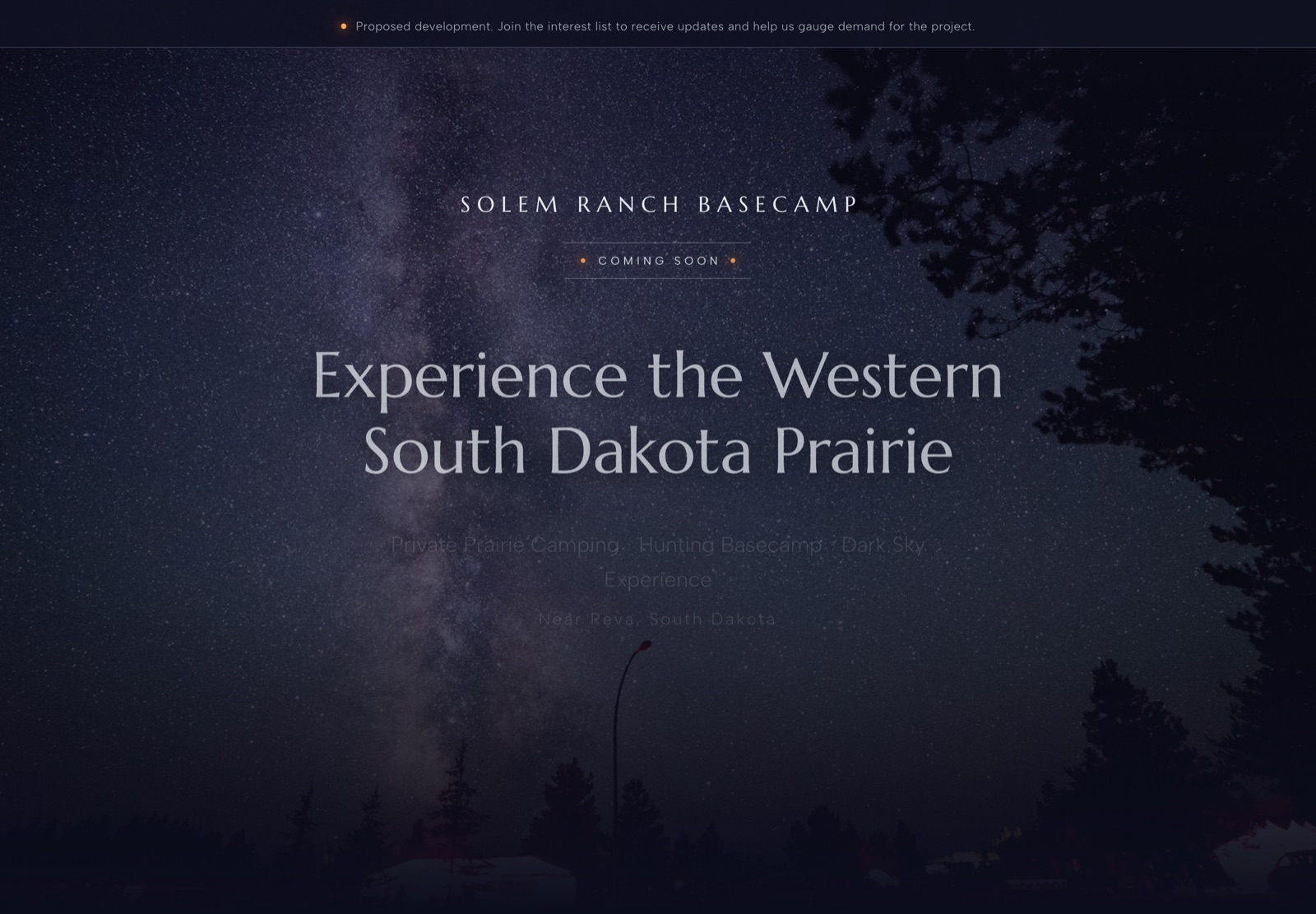 Solem Ranch Basecamp website: a starry dark-sky night over the South Dakota prairie